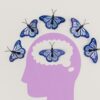 Creative coaching with art therapy concept showing blue butterflies emerging from a paper-cut human mind, symbolizing emotional expression and personal transformation.