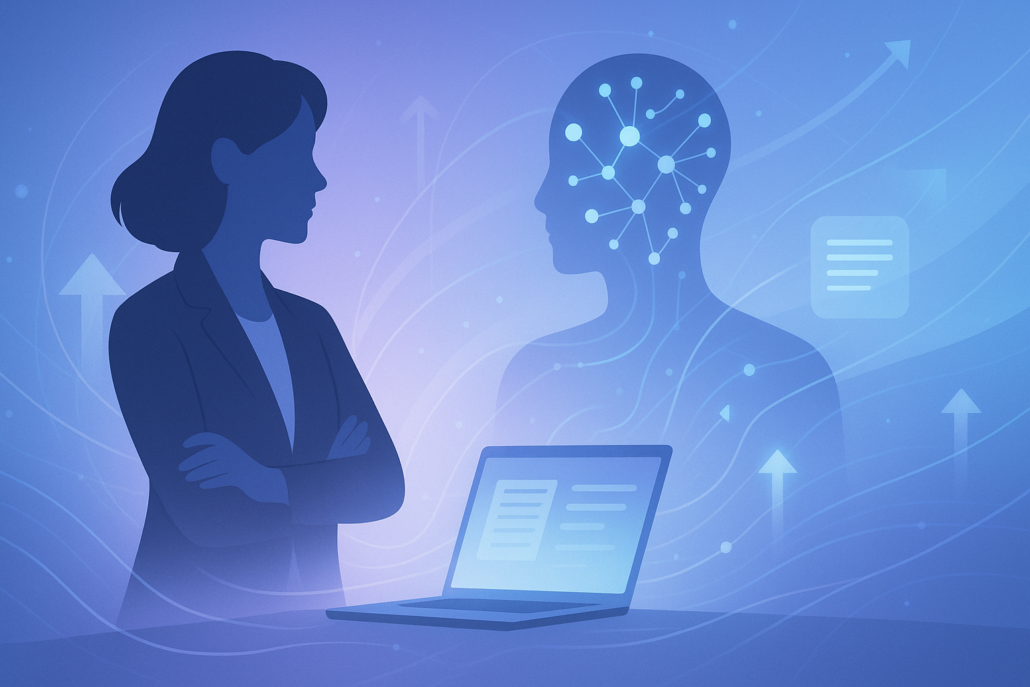 AI and the future of coaching illustration showing a coach working with artificial intelligence to build leverage and avoid burnout